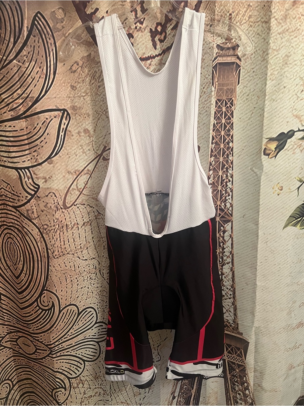 Men's Black and White Cycling Bib Shorts with Pink Accents